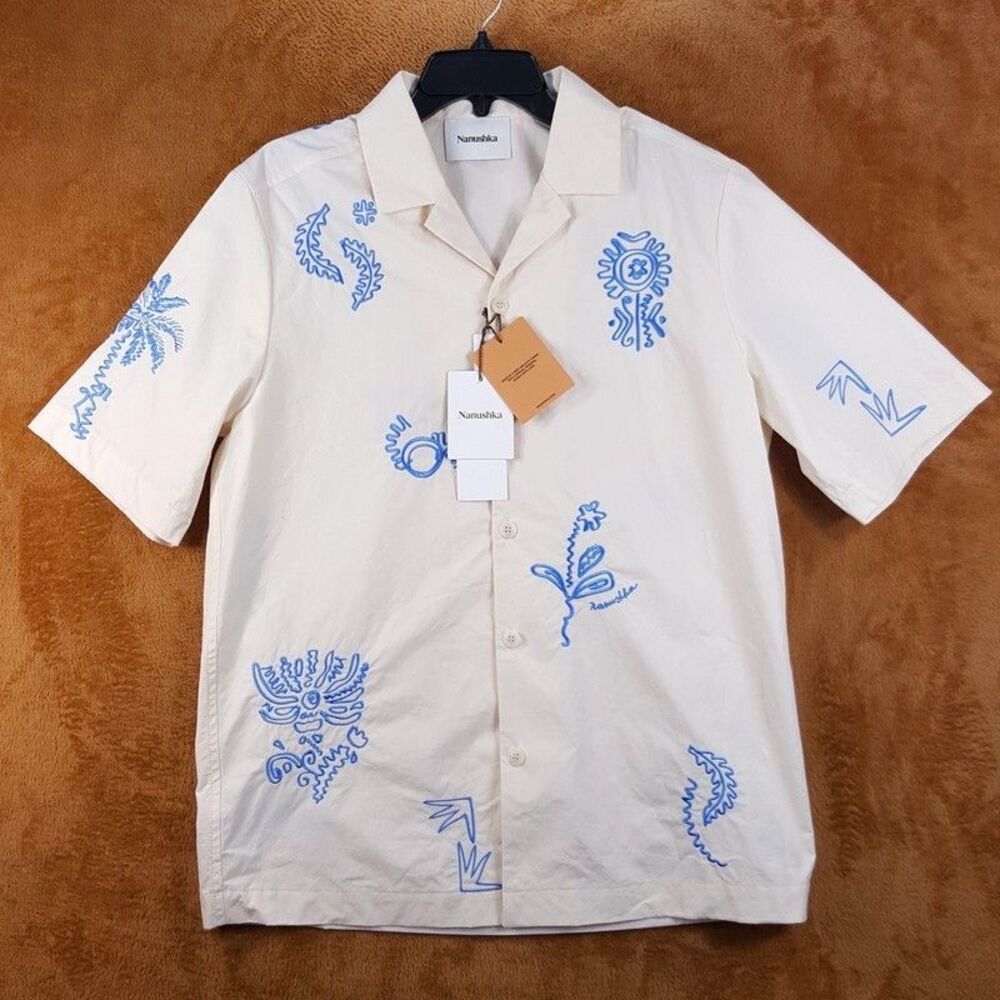 NANUSHKA Shirt Mens Small Cream Button Up BODIL Embroidered Poplin Camp $775